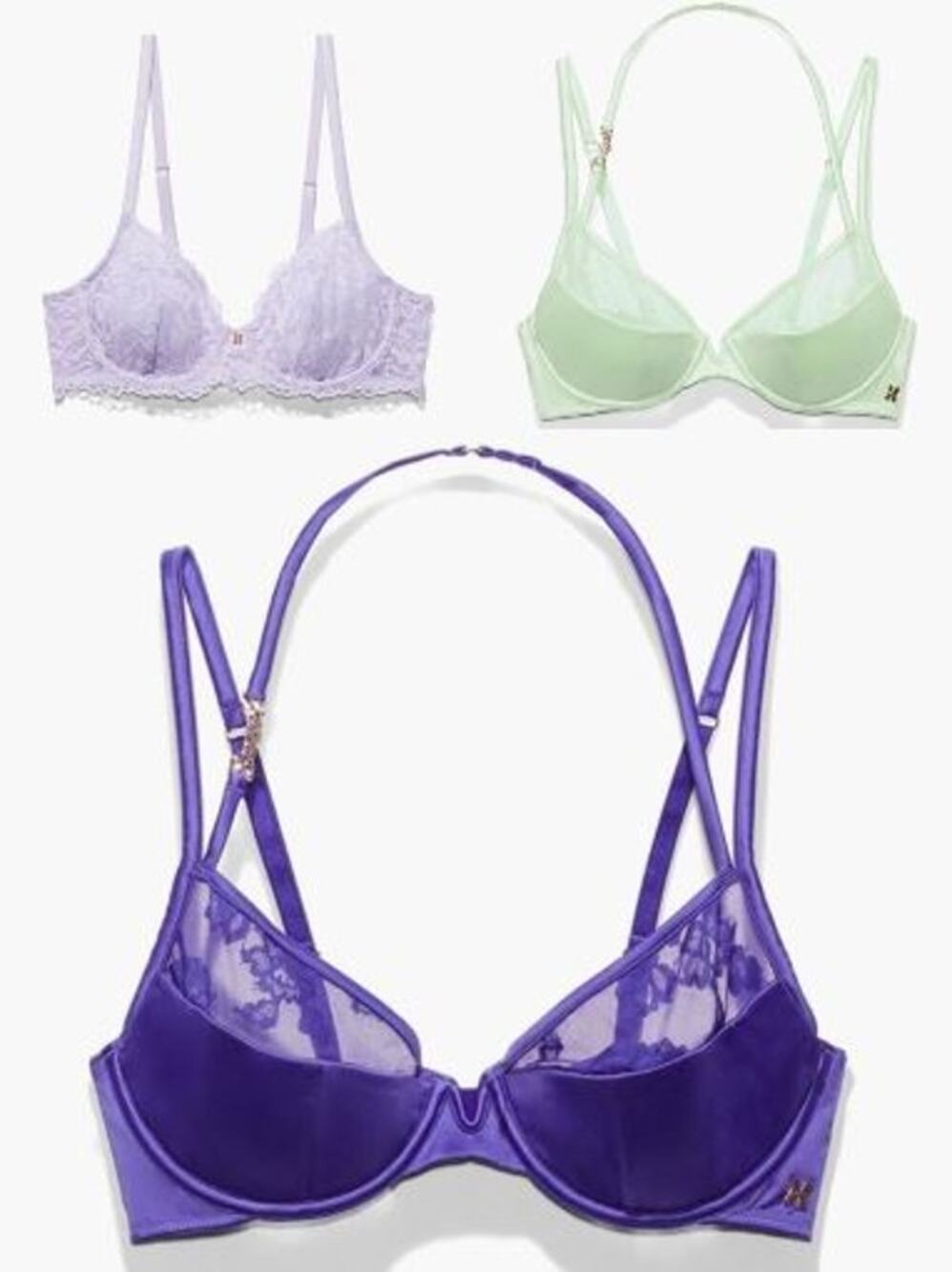 Savage X Fenty Bundle 34DD Satin Lace Balconette Bra Mint Purple Lavender
